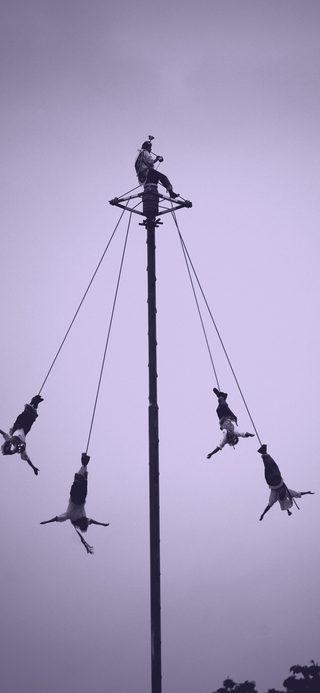 Voladores performers hanging from ropes below a tall pole in Papantla.